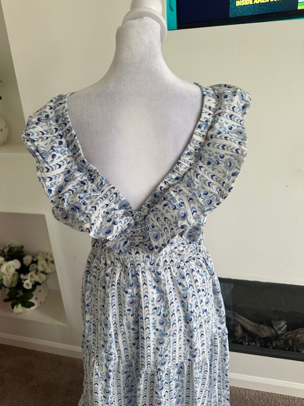 Sleeveless Blue & White Ruffle Maxi Dress - Picture 4 of 9